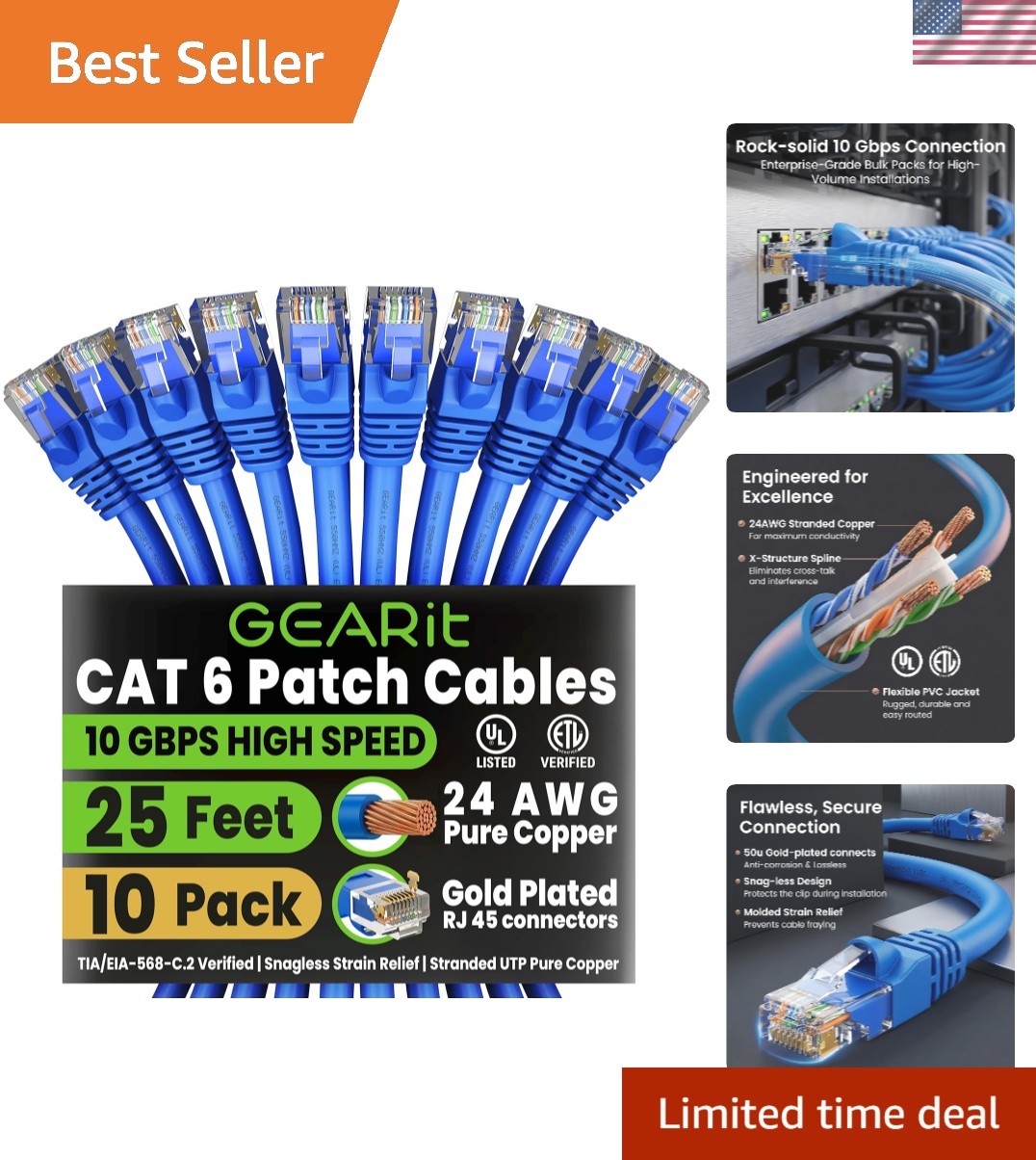 Cat 6 Ethernet Patch Cable 25 ft Blue 10 Pack - Cat6 Patch Cables 25ft Blue/E...