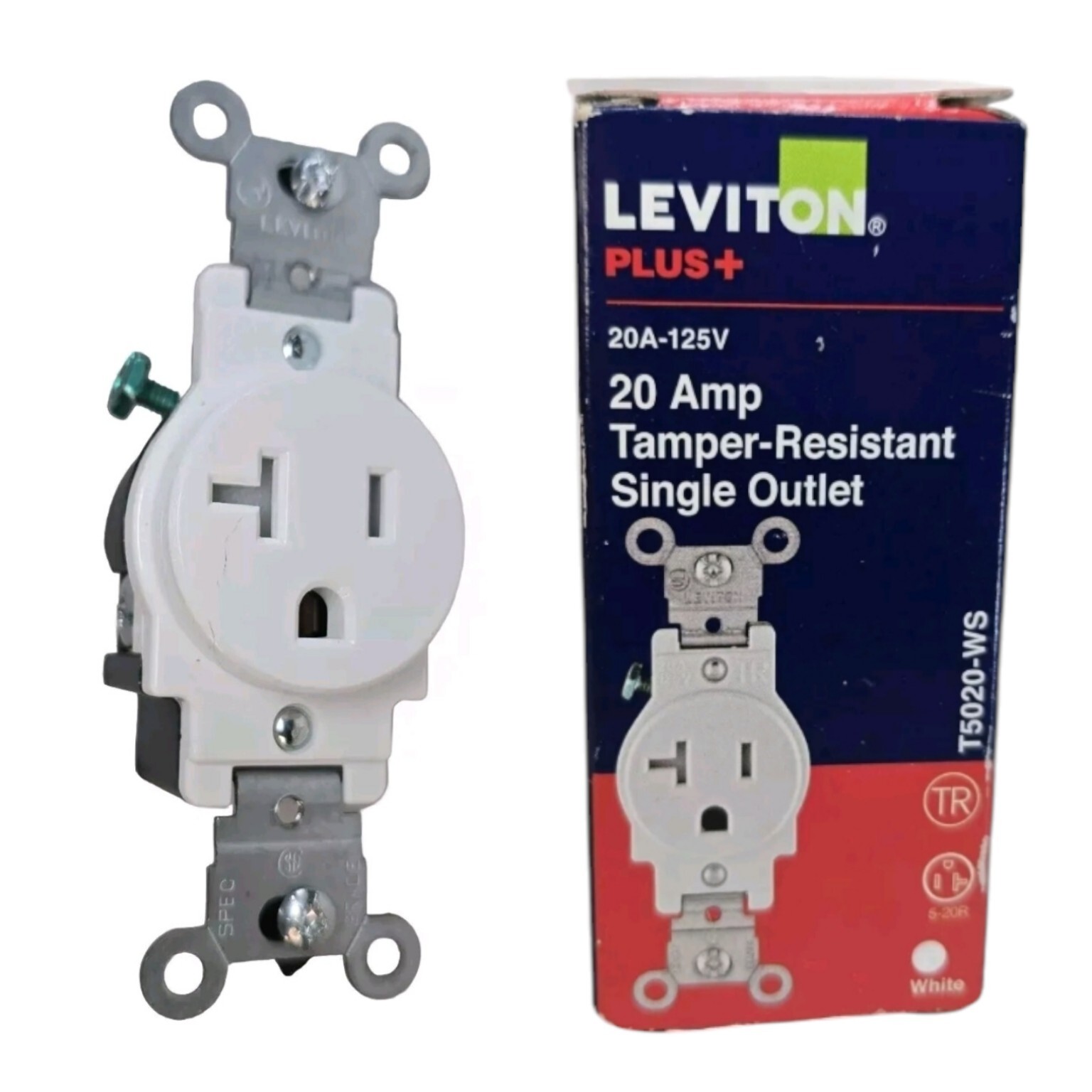 LEVITON Plus+ 20 Amp Single Outlet  Tamper Resistant White  5-20R R52-T5020-WS