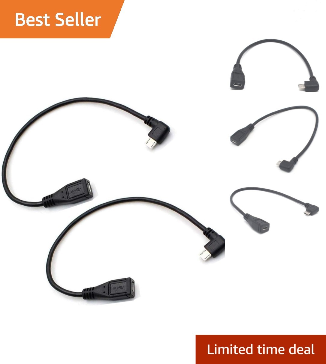 Compact 90 Degree Micro-B USB Extension Cable - Fast Syncing & Charging - 2 Pack