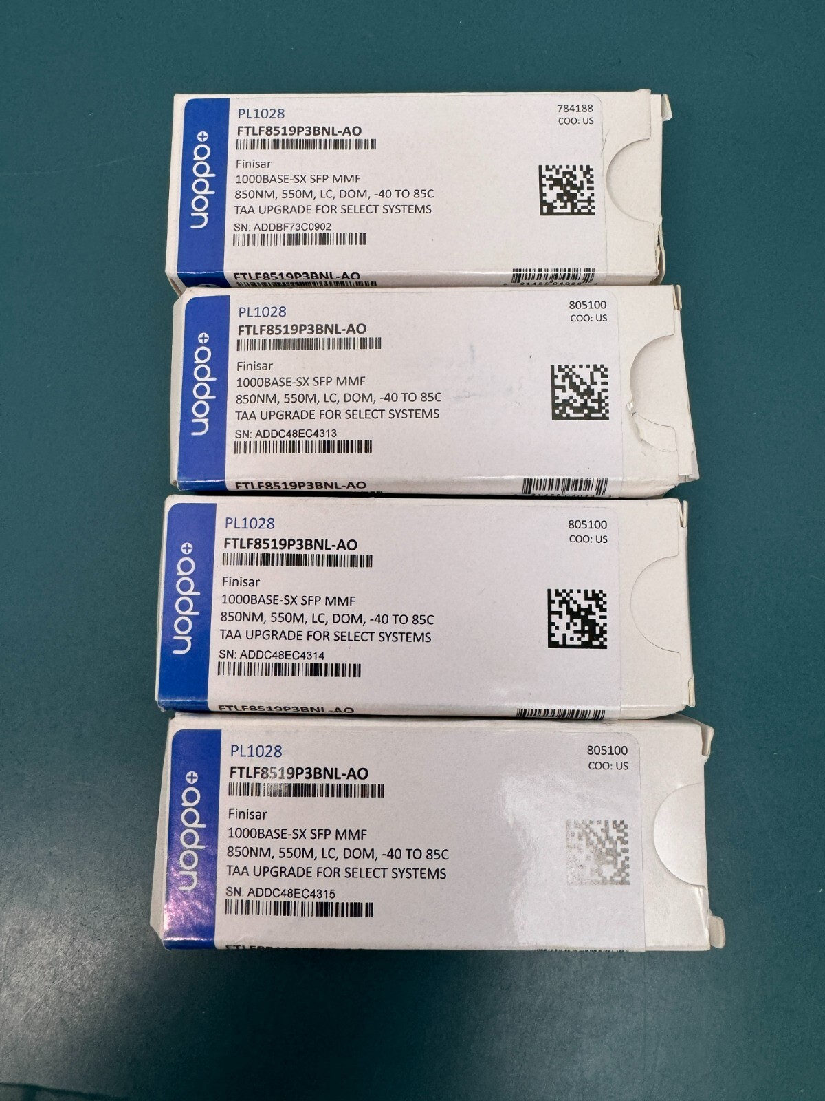 LOT of 4x  AddOn Finisar FTLF8519P3BNL Compatible TAA Comp. 1000Base-SX SFP