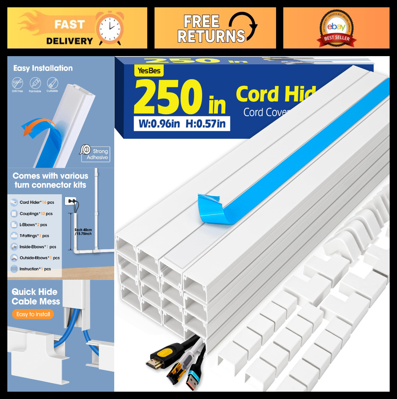 250in Cord Hider Kit - Paintable Cable Raceway for Wall-Mounted TVs, Wire Covers