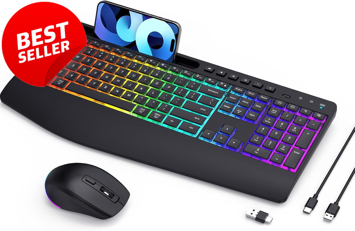 Wireless Keyboard Mouse Combo RGB Backlit Rechargeable Full Size - US