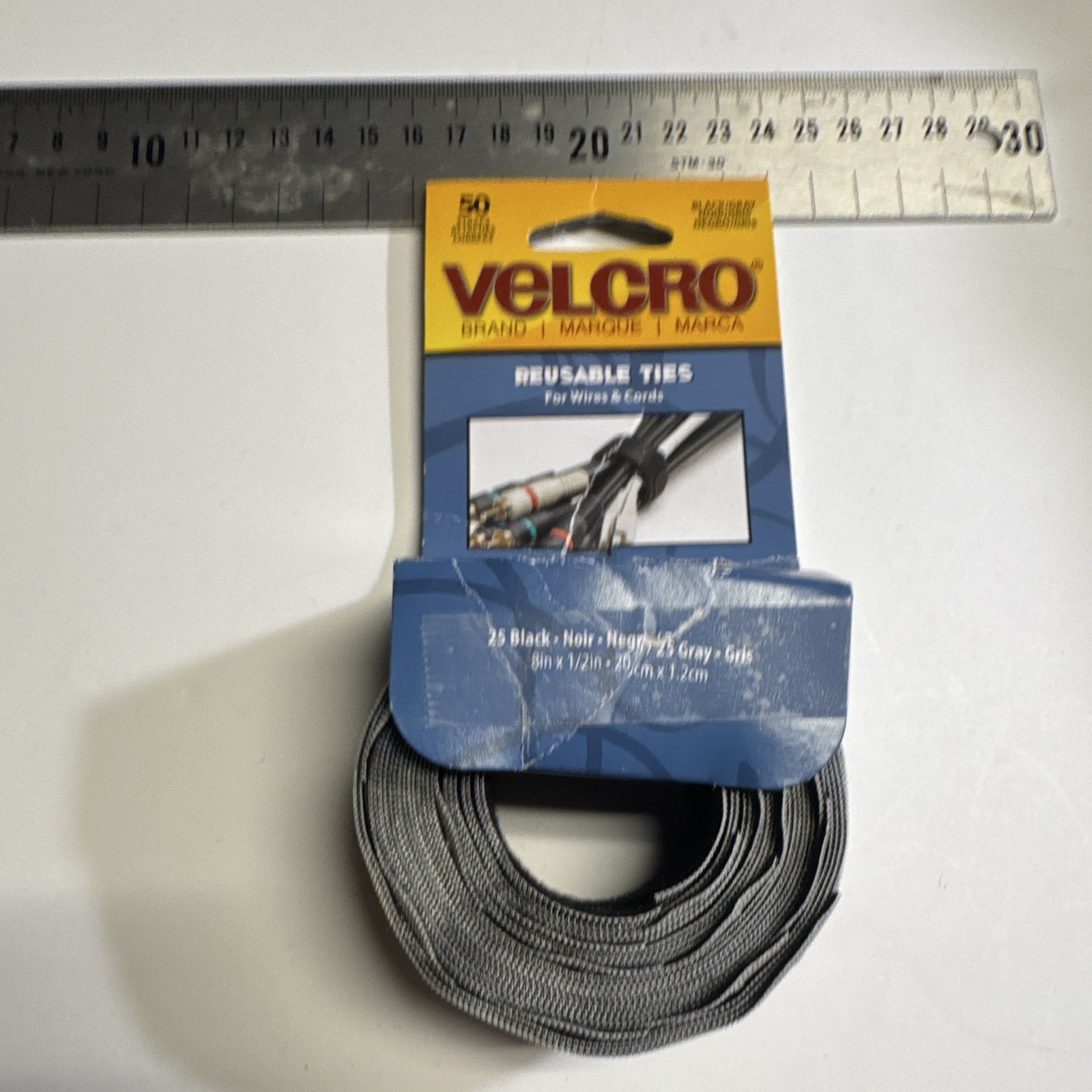 VELCRO Reusable Adjustable Cable Ties 3/4in x 8in Black/Gray 50pk 90924