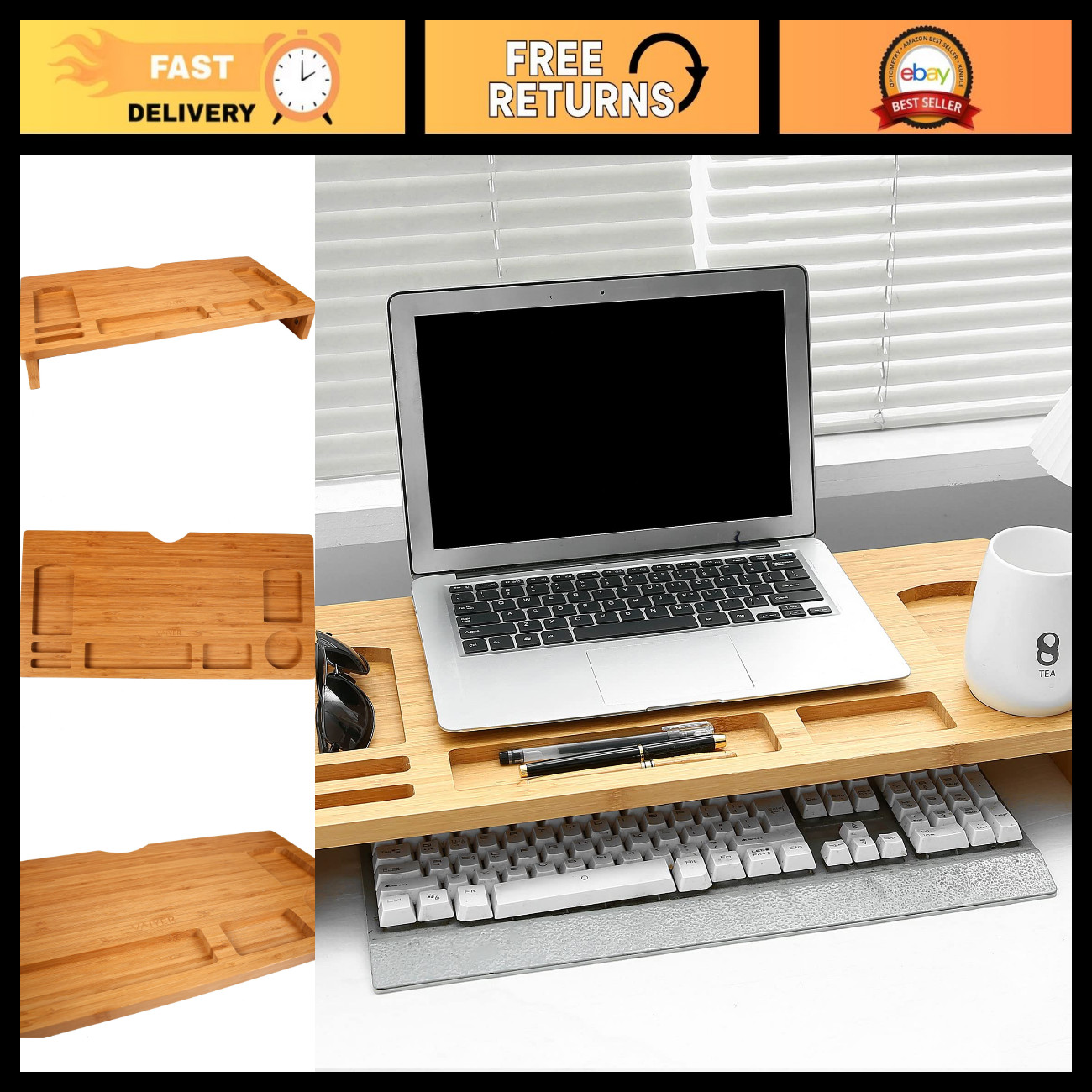 Bamboo Laptop Monitor Stand Riser - 23 Inch Wooden Desk Organizer & Storage Solu