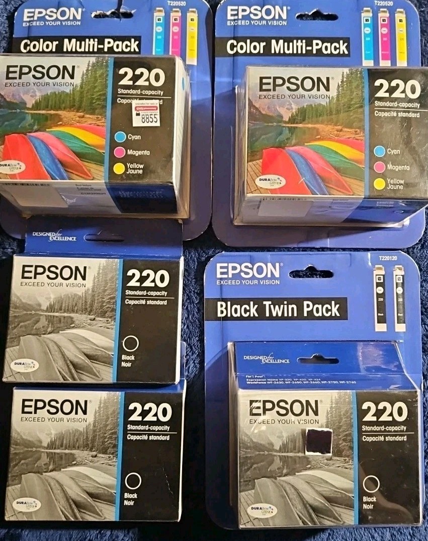 10-Set Epson 220 (4)Black (2)Cyan (2)Magenta (2)Yellow Ink Cartridges  Exp 2020