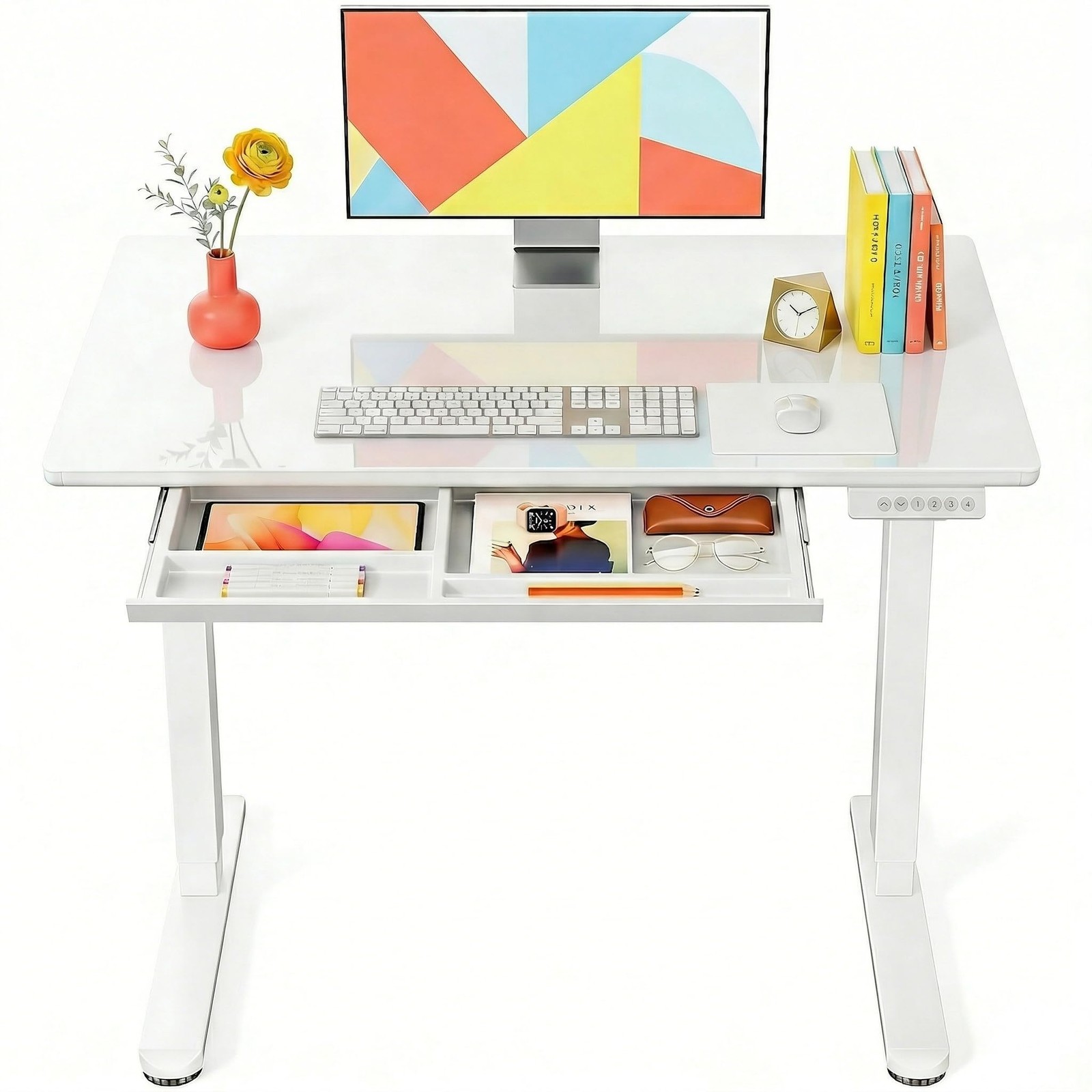 Glass Standing Desk 40 x 24 Inch 4 Zone Drawer Storage White Marsail