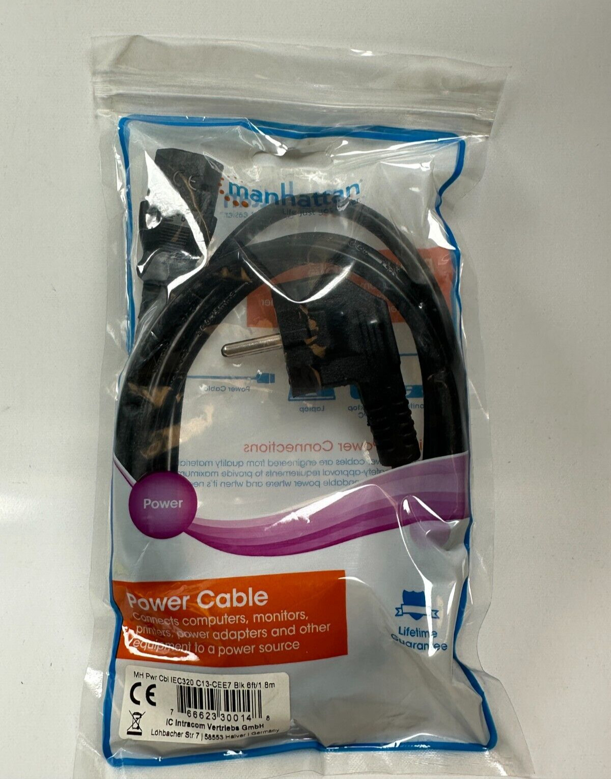 Manhattan 766623-30014-8 Power Cable Black 6ft. (1.8M) Schuko Plug - New