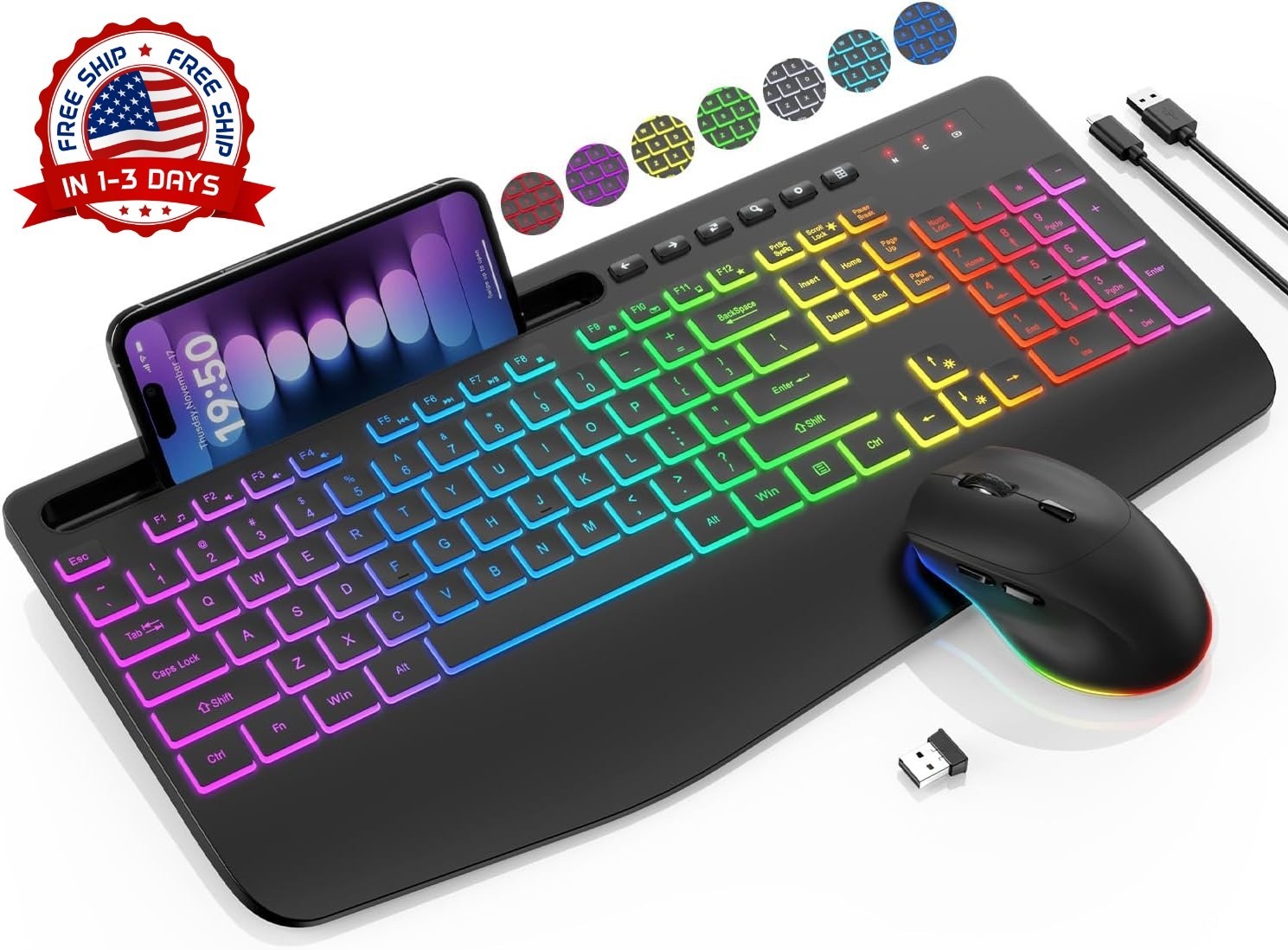 Combo de teclado y ratón inalámbricos - Reposamuñecas ergonómico, RGB (Negra)