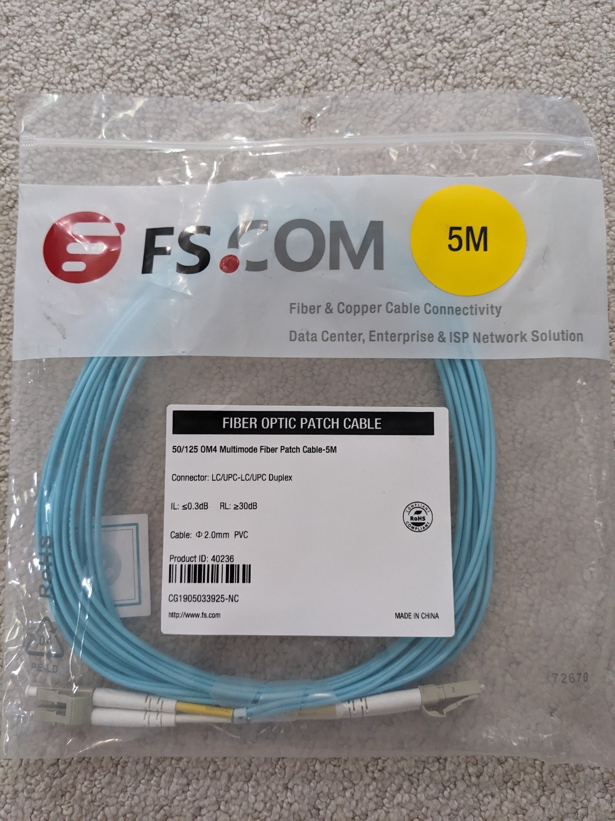 2x FS.Com Fibre Optic Patch Cable 50/125 OM4 Multimode 5M New