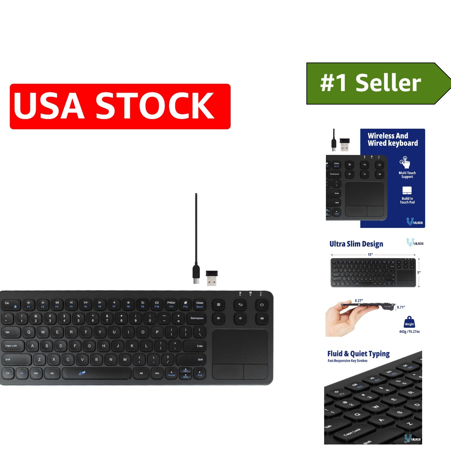 Ergonomic Touch Keyboard with 2.4G Wireless & USB Connectivity for Seamless Use