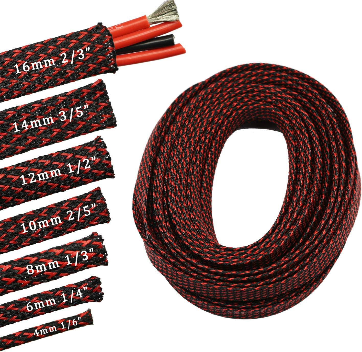 30ft PET Expandable Sleeving Wire Cable Sleeve (2/3", Red&Black)