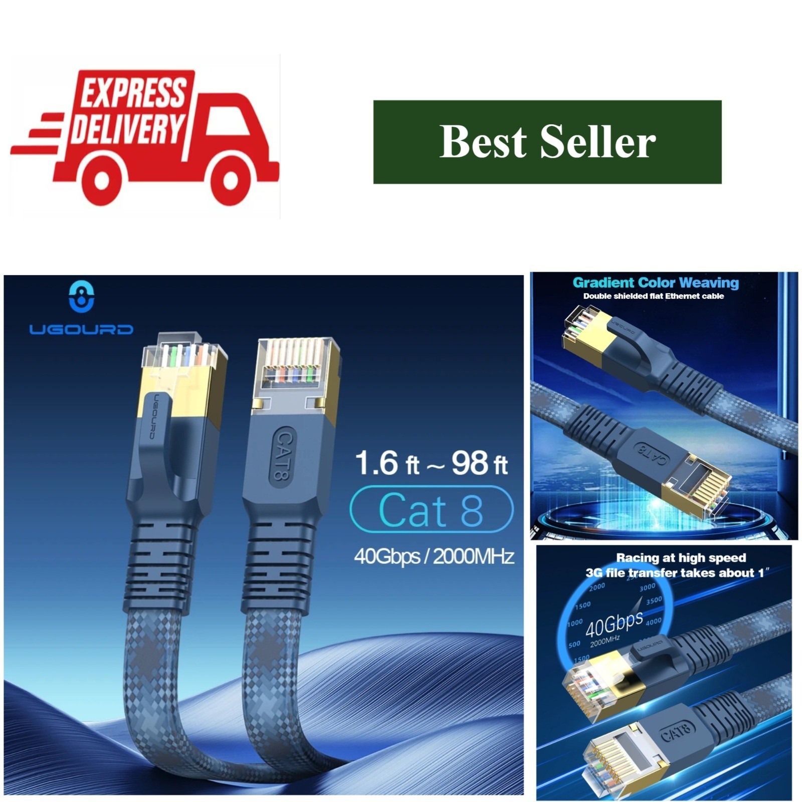 UGOURD Cat 8 Flat Ethernet Cable 40Gbps 2000MHz Braided RJ45 LAN Patch Cord