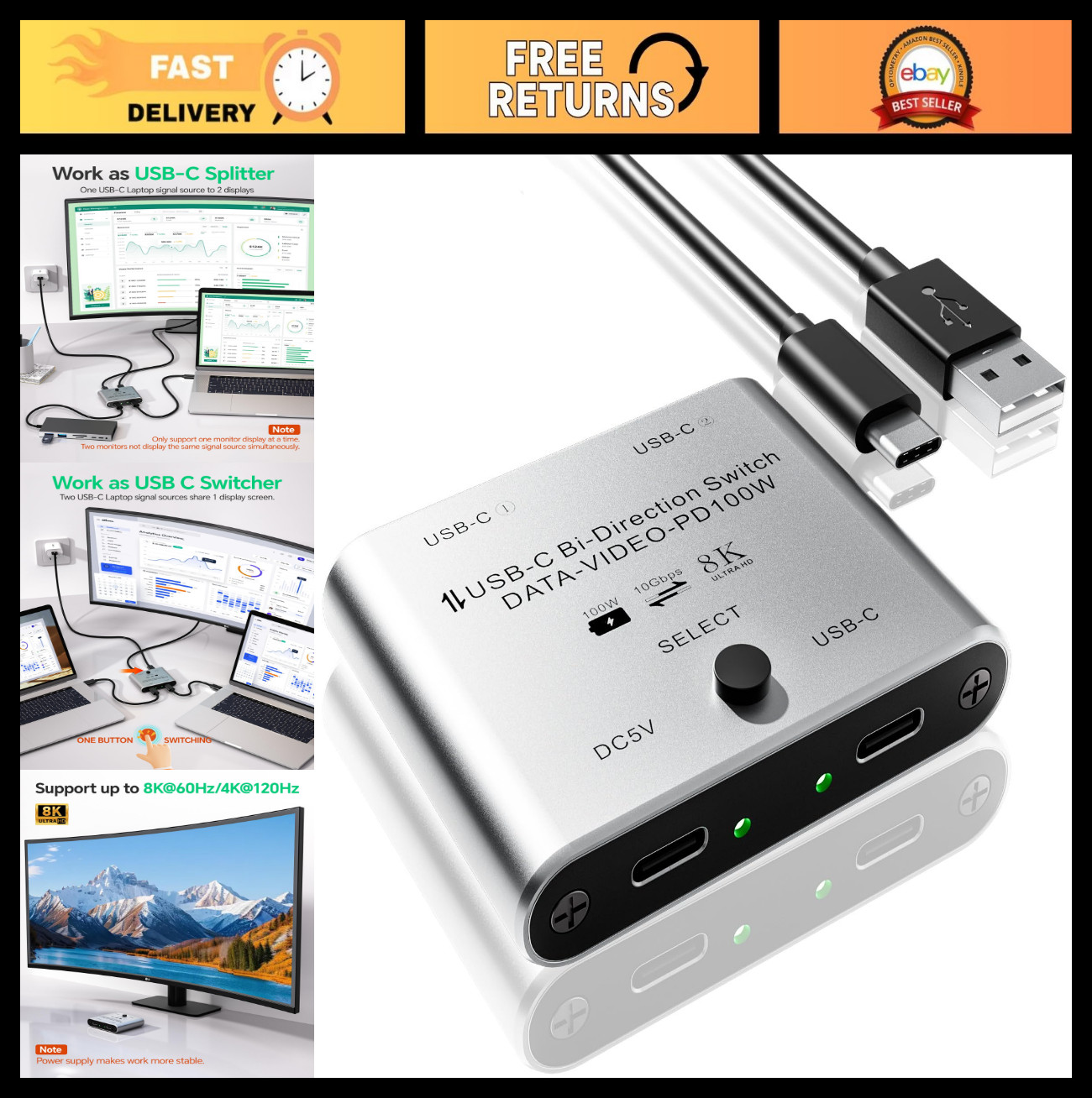 8K USB C KVM Switch - Bi-Directional Splitter for 2 PCs, 100W PD, 10Gbps Data Tr