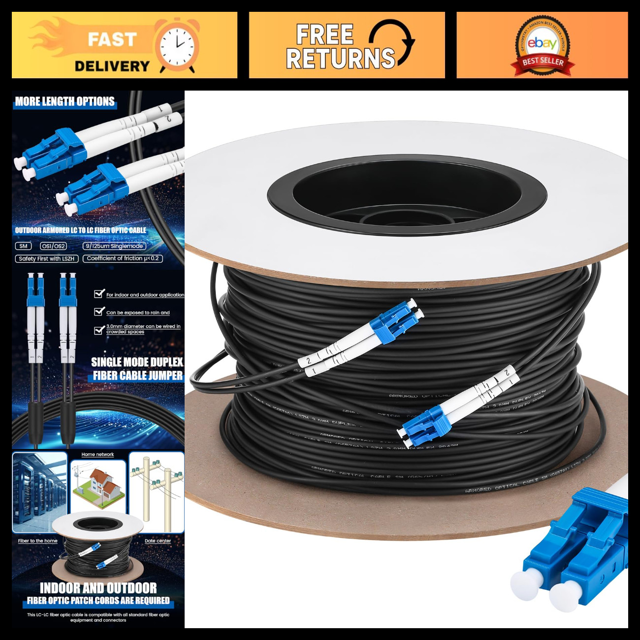 150M/500FT Armored Fiber Optic Cable, 2 Core LC to LC, High-Speed Data Transmiss