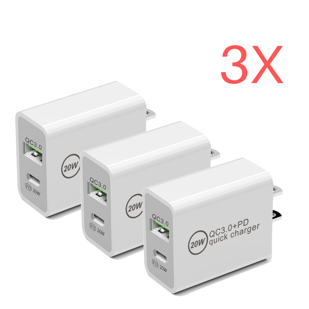 Dual Ports 20W PD USB C+QC 3.0 Power Adapter For iPhone 15 Pro Samsung Cable Lot