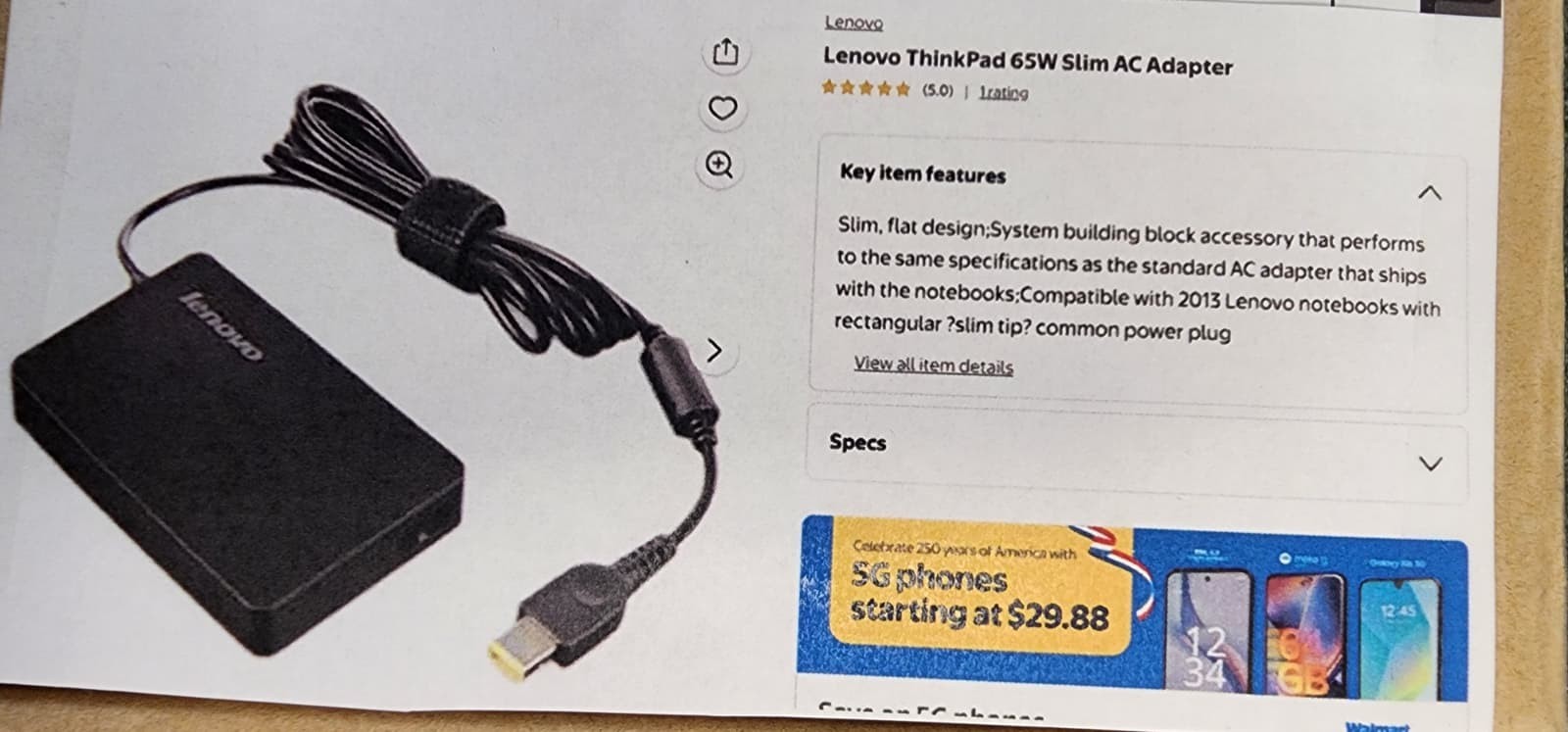 Lenovo thinkPad 65W Slim AC adapter - New
