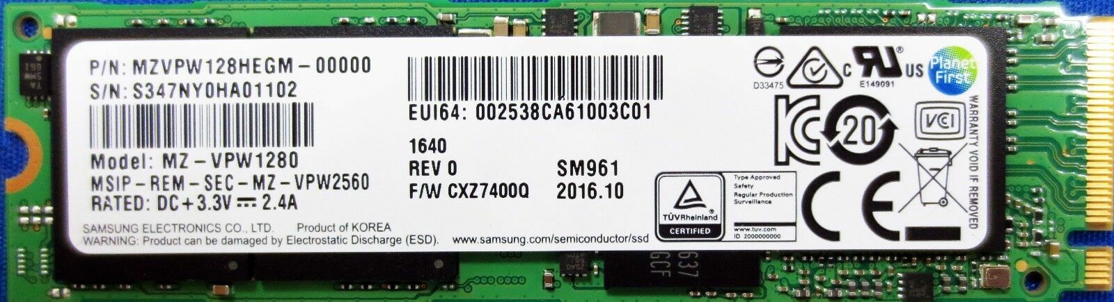 Samsung SM961 128GB SSD NVM 128G M.2 2280 PCIe PCI-Express 3.0 MZVPW128HEGM