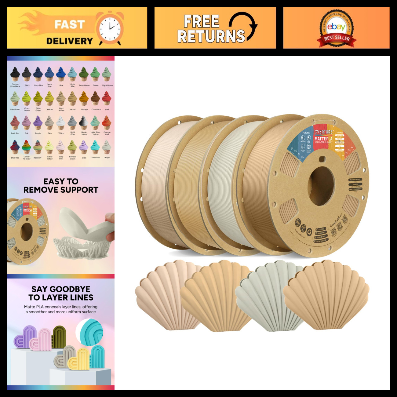 4KG Matte PLA 3D Printer Filament 1.75mm - Low Warping, 4 Pack for FDM Printers