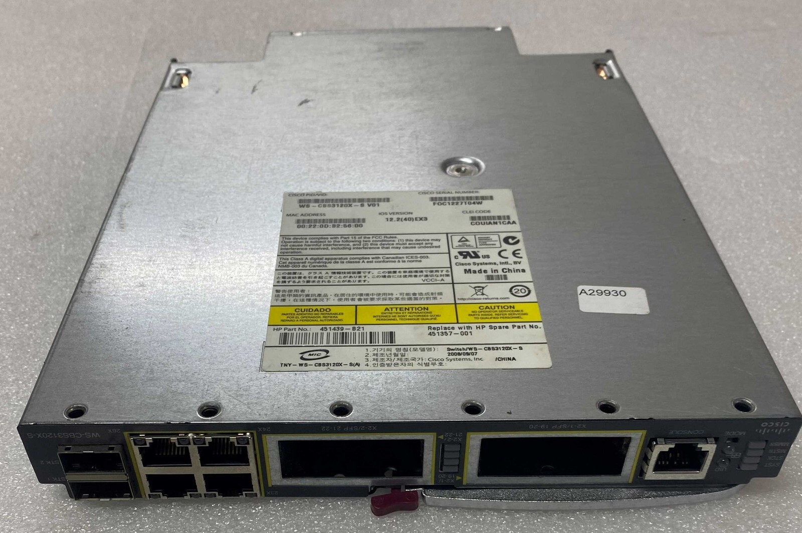 Cisco WS-CBS3120X-S HP 451357-001 451439-B21 Blade Server Network Switch