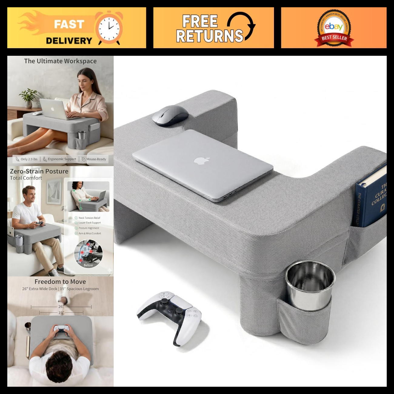 Large Ergonomic Lap Desk Pillow for Couch & Bed - Portable Laptop Stand