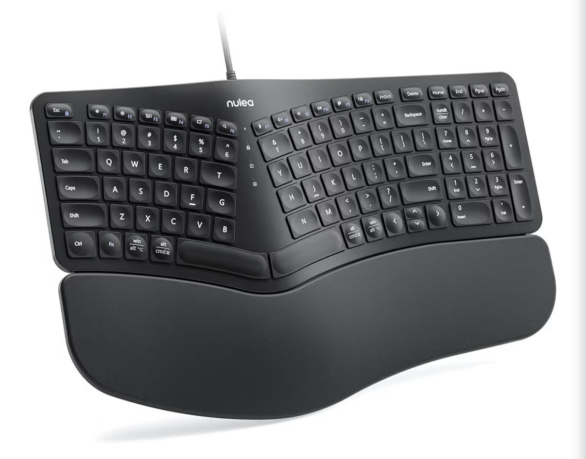 Nulea RT05C Wired Ergonomic Keyboard. Cushion Wrist rest. Windows/Mac. USB Cord.