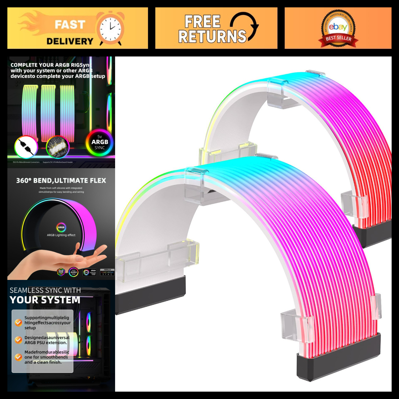 RGB Cable Extension Kit - Flexible ARGB Sleeves for 8Pin/24Pin Motherboard & GPU
