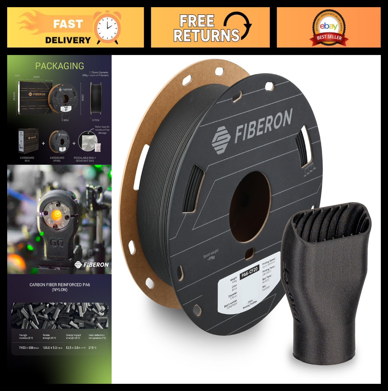 High-Performance Carbon Fiber Nylon Filament 1.75mm, Black, 0.5kg for 3D Printin