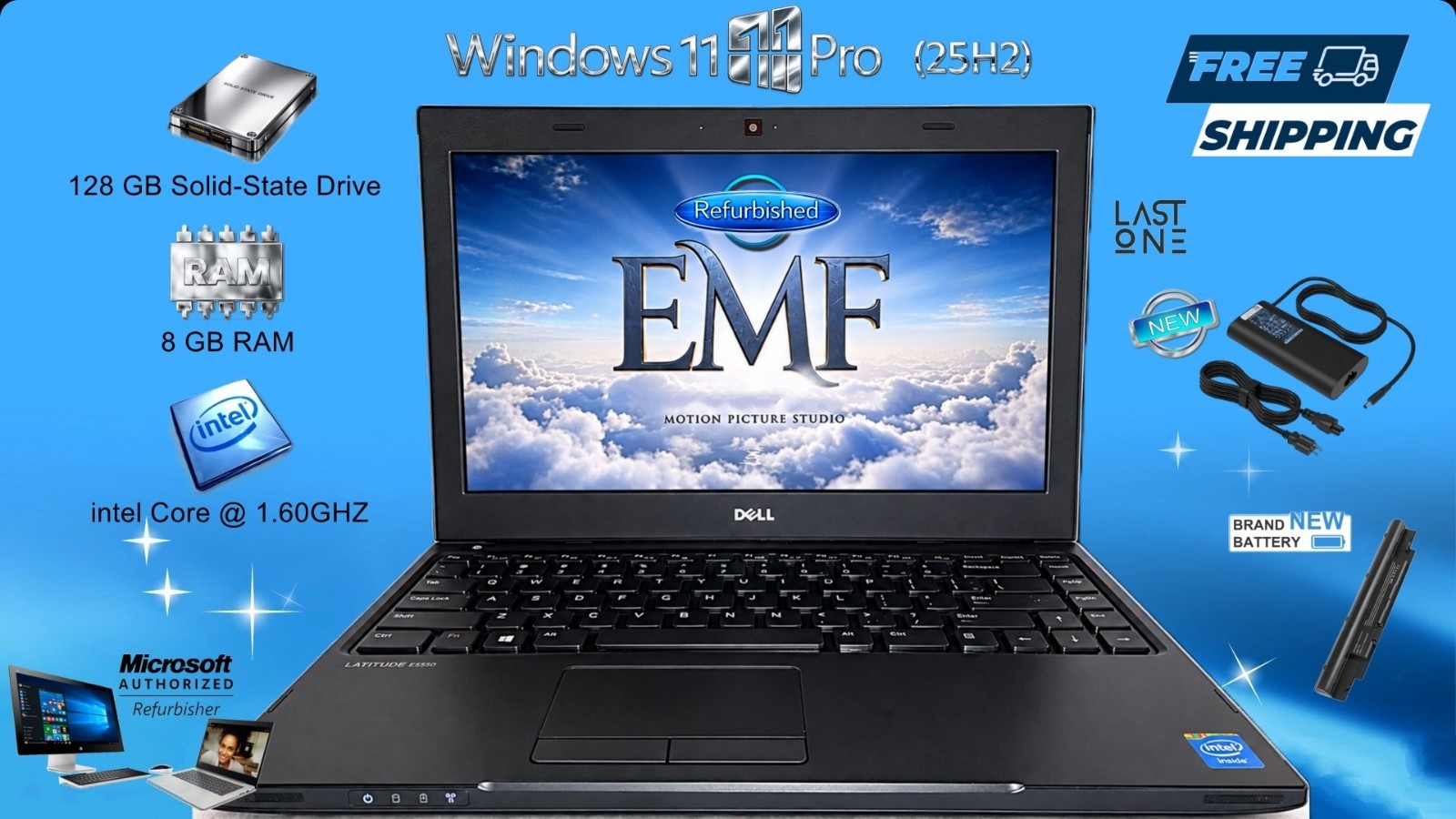 8GB RAM 128 GB SSD Intel @1.6GHz, Win 11 Dell Latitude 13.3" Charger Battery YES