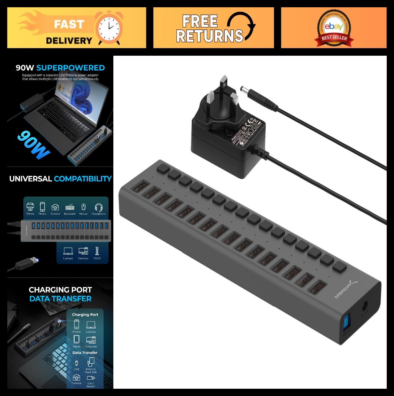 16-Port USB 3.0 Powered Hub & Charger, 90W, Data Transfer & Charging Station