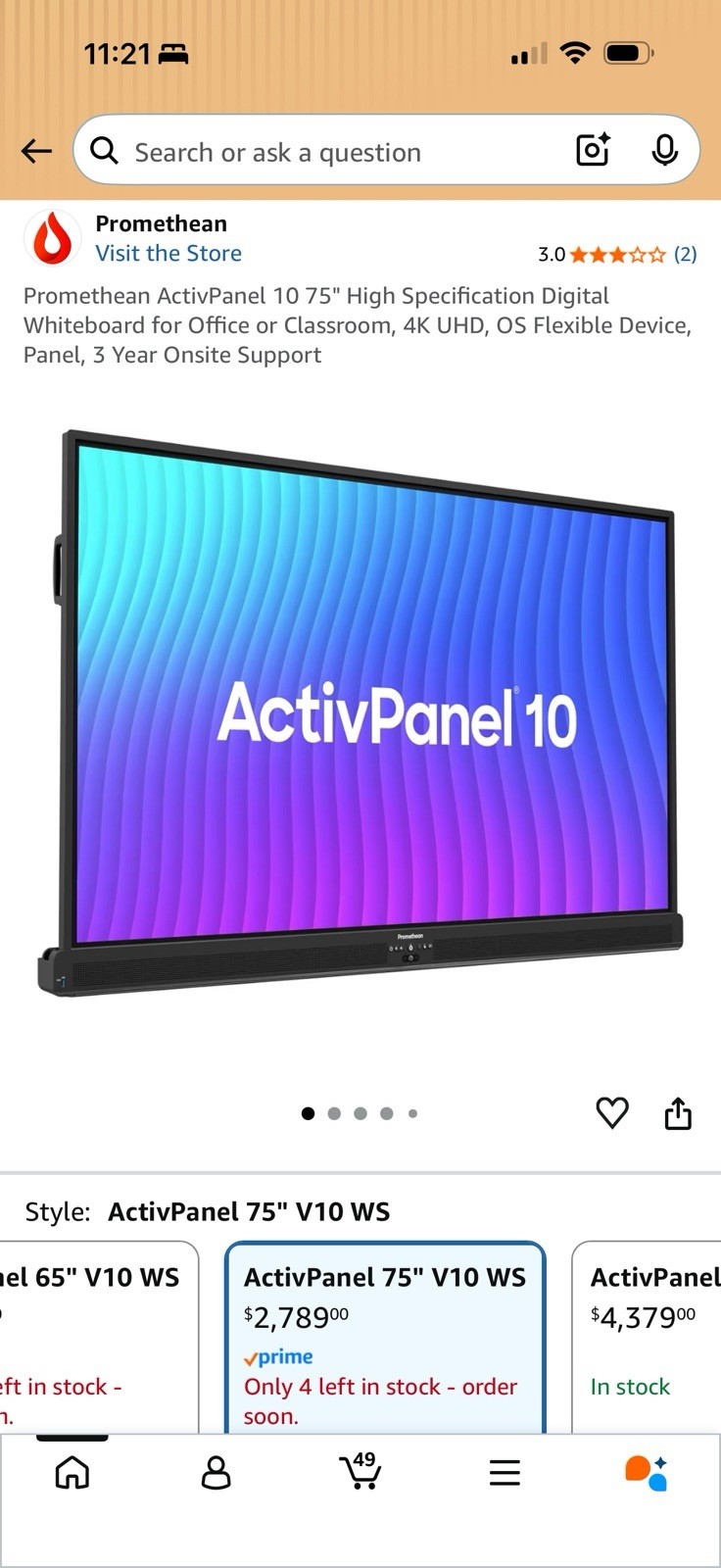 Promethean AP7-B75-NA-1-4K ActivPanel 75 inch 4K Interactive Touchscreen w Mount