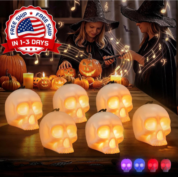 6-Pack Halloween Skull Light with Music, 5-Mode Skull Lamp