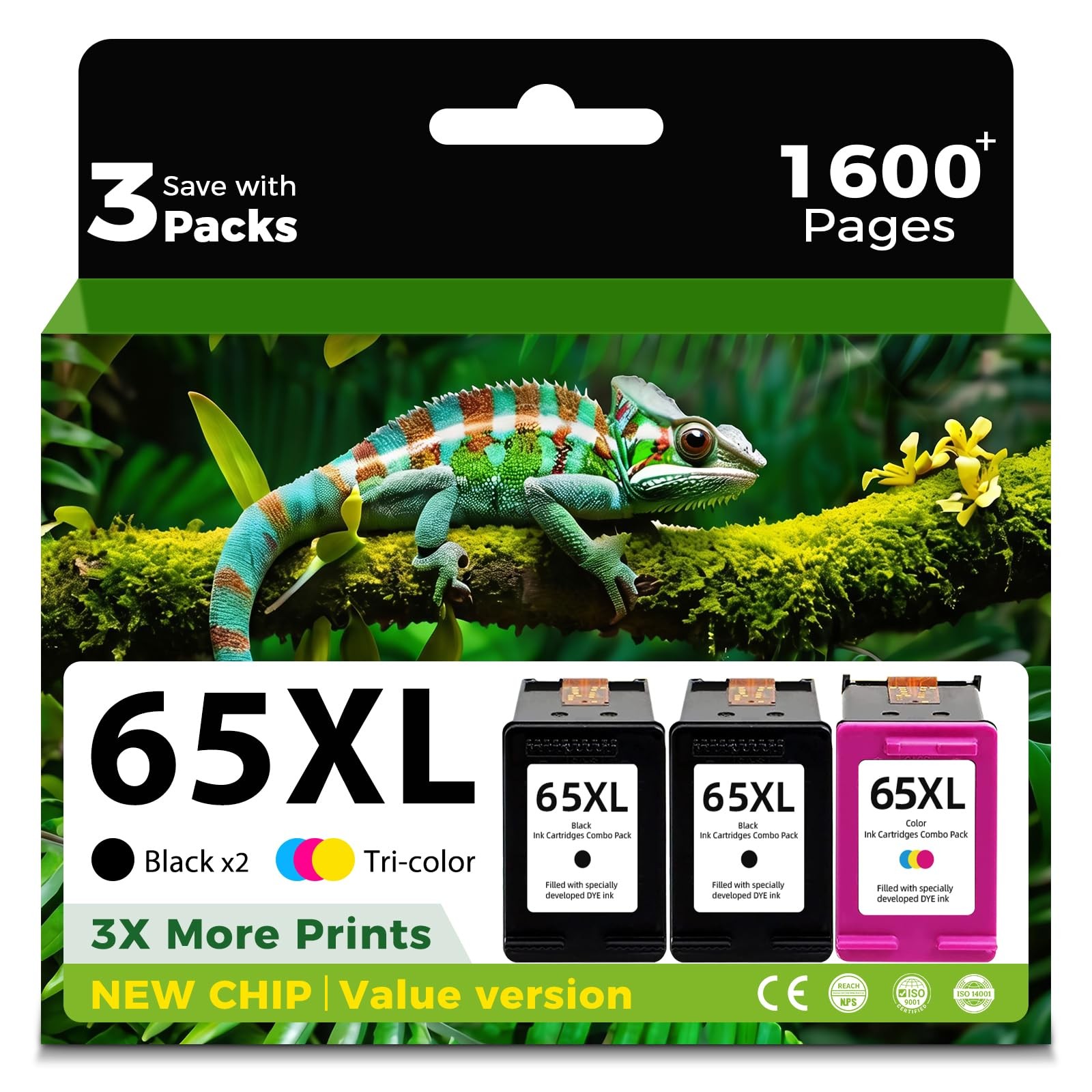 65XL Ink Cartridge Replacement 3 Pack HP65 hp65xl Envy 5055 5000 5052 5010 5070