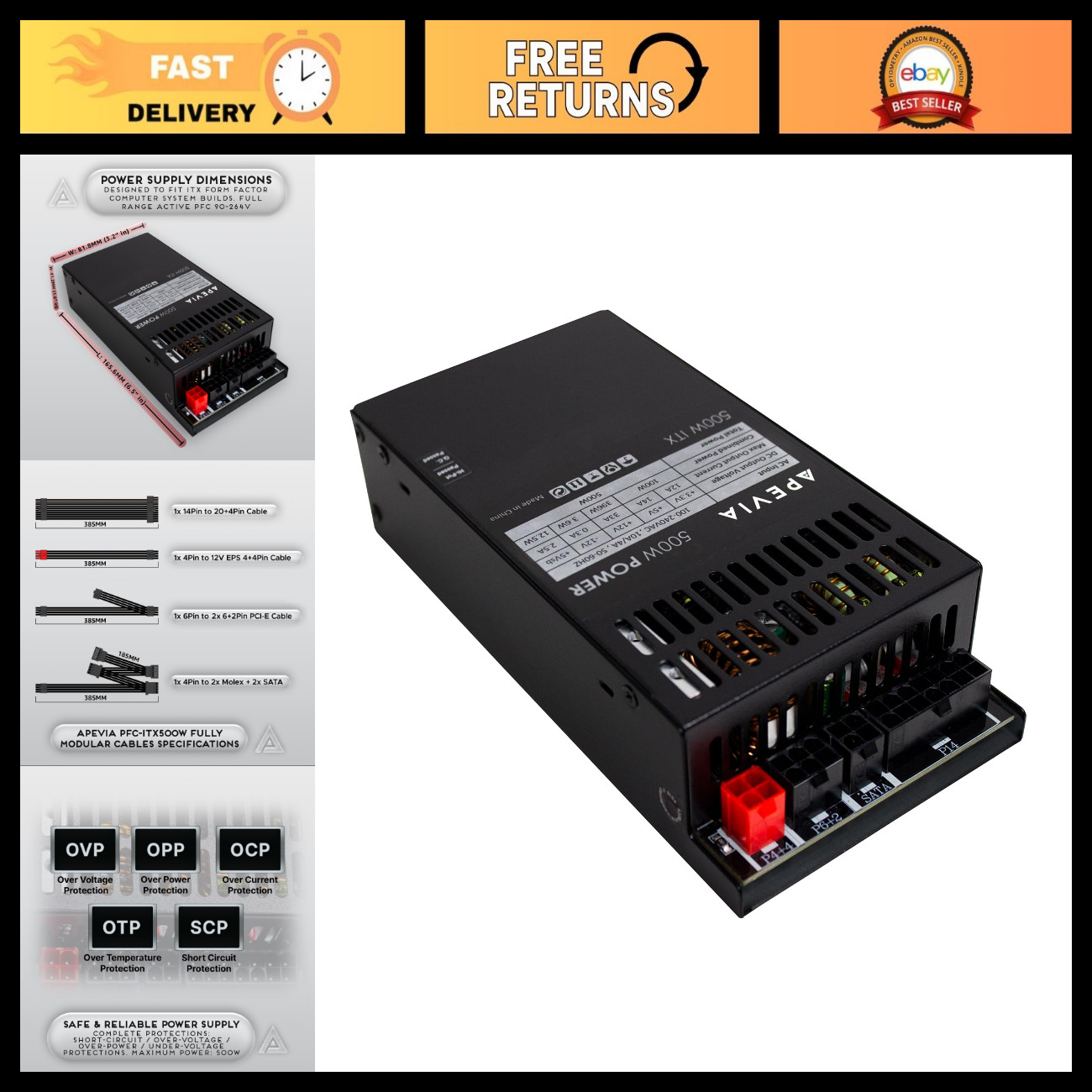 Fully Modular 500W ITX Power Supply, Active PFC, 90-264V, High Efficiency, Compa