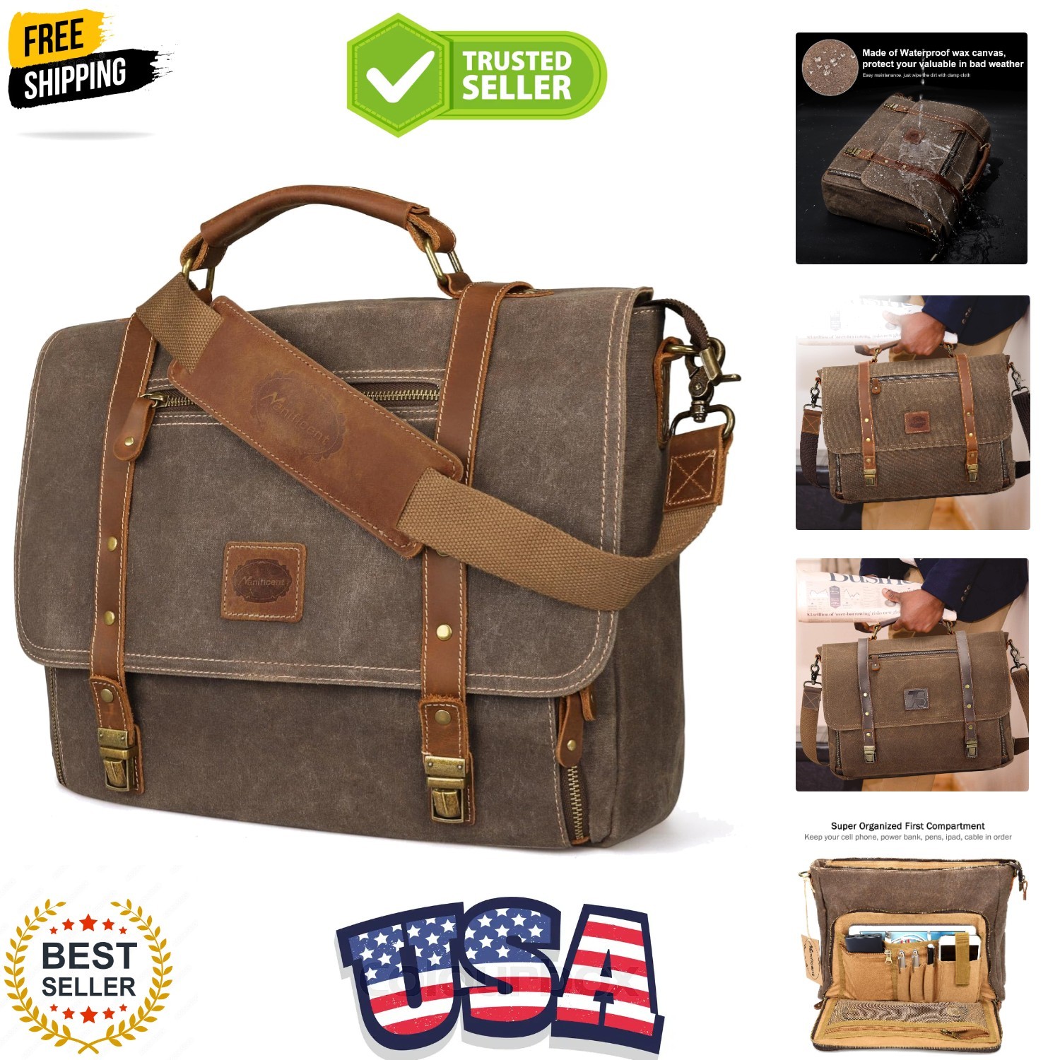 Laptop Messenger bag for Mens 15.6 Inch, Waterproof Vintage Genuine Leather M...