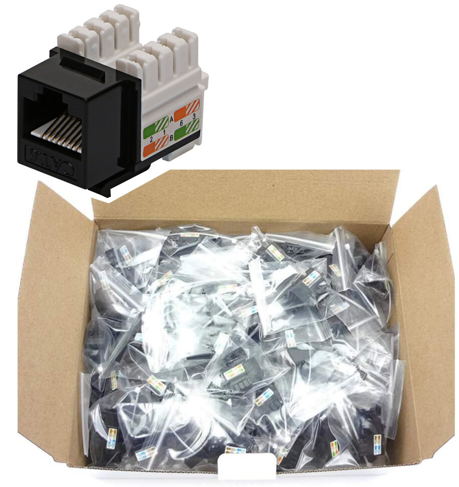 100 Lot CNAweb Cat6 RJ45 Punchdown Keystone Network Jack, 110 Style, Black