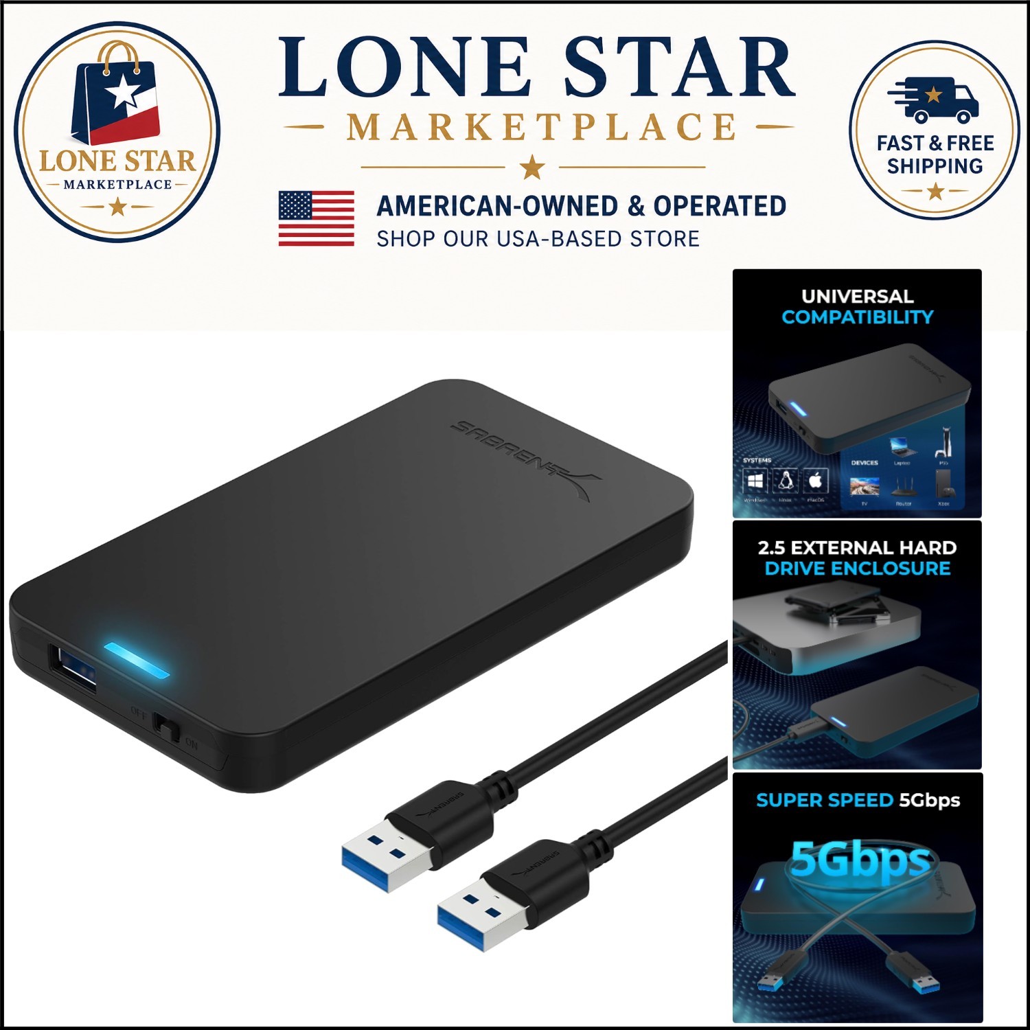 Compact Black USB 3.0 Hard Drive Enclosure—Optimized for SSDs, Tool-Free Design