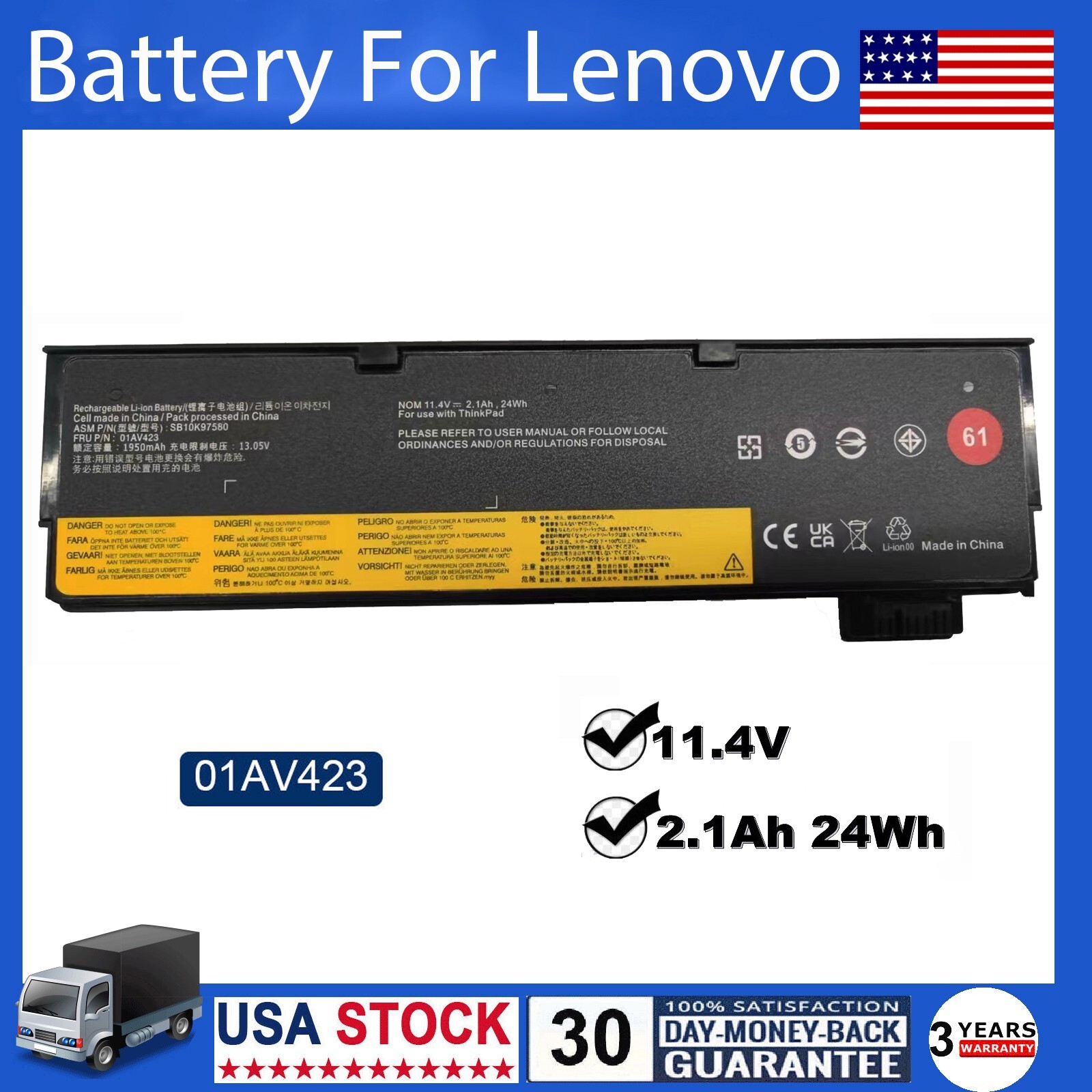 61 24Wh 01AV423 Battery For Lenovo ThinkPad T470 T480 T570 T580 01AV424 NEW