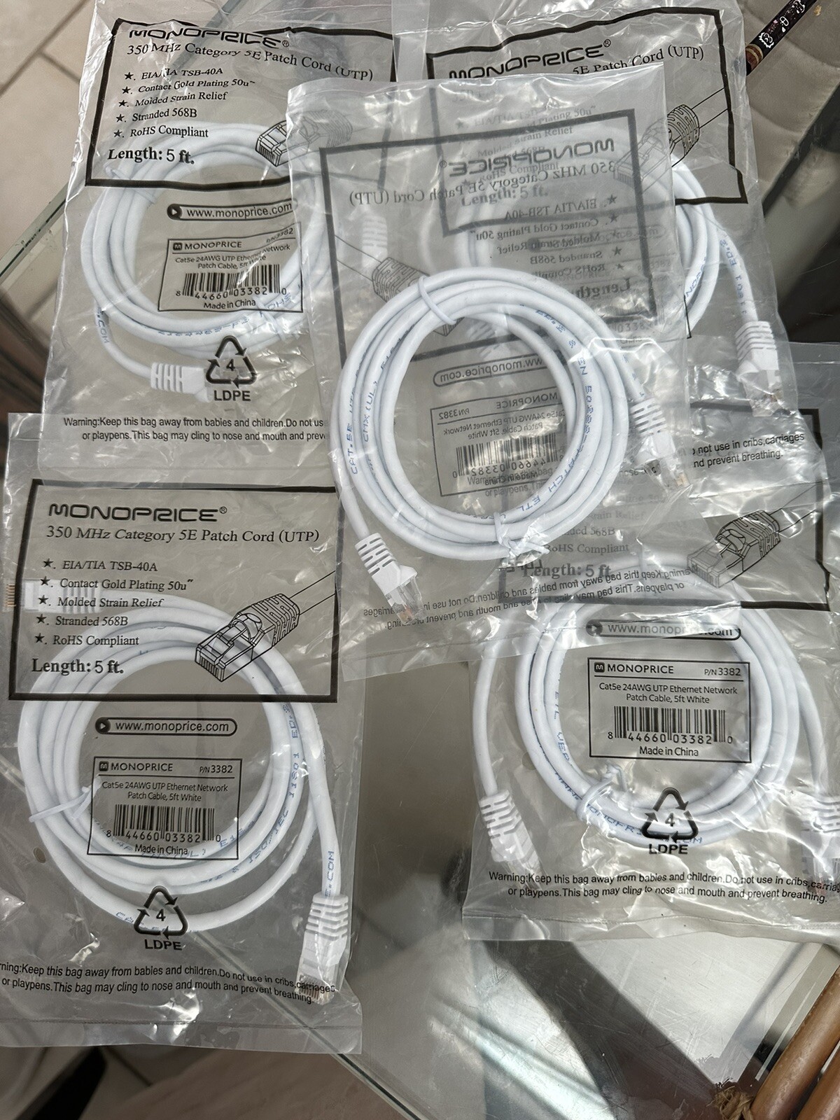 Lot Of 5ea 5ft Monoprice  350 MHz category 5E Patch Cord UTP 844660033820