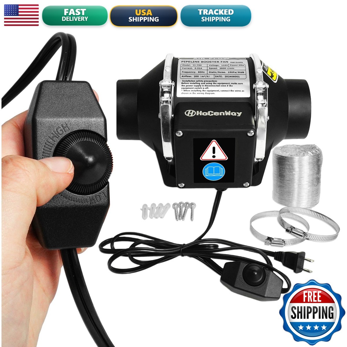 HOCENWAY 3 Inch Inline Booster Duct Fan for 3D Printer Laser Engraver Kitchen