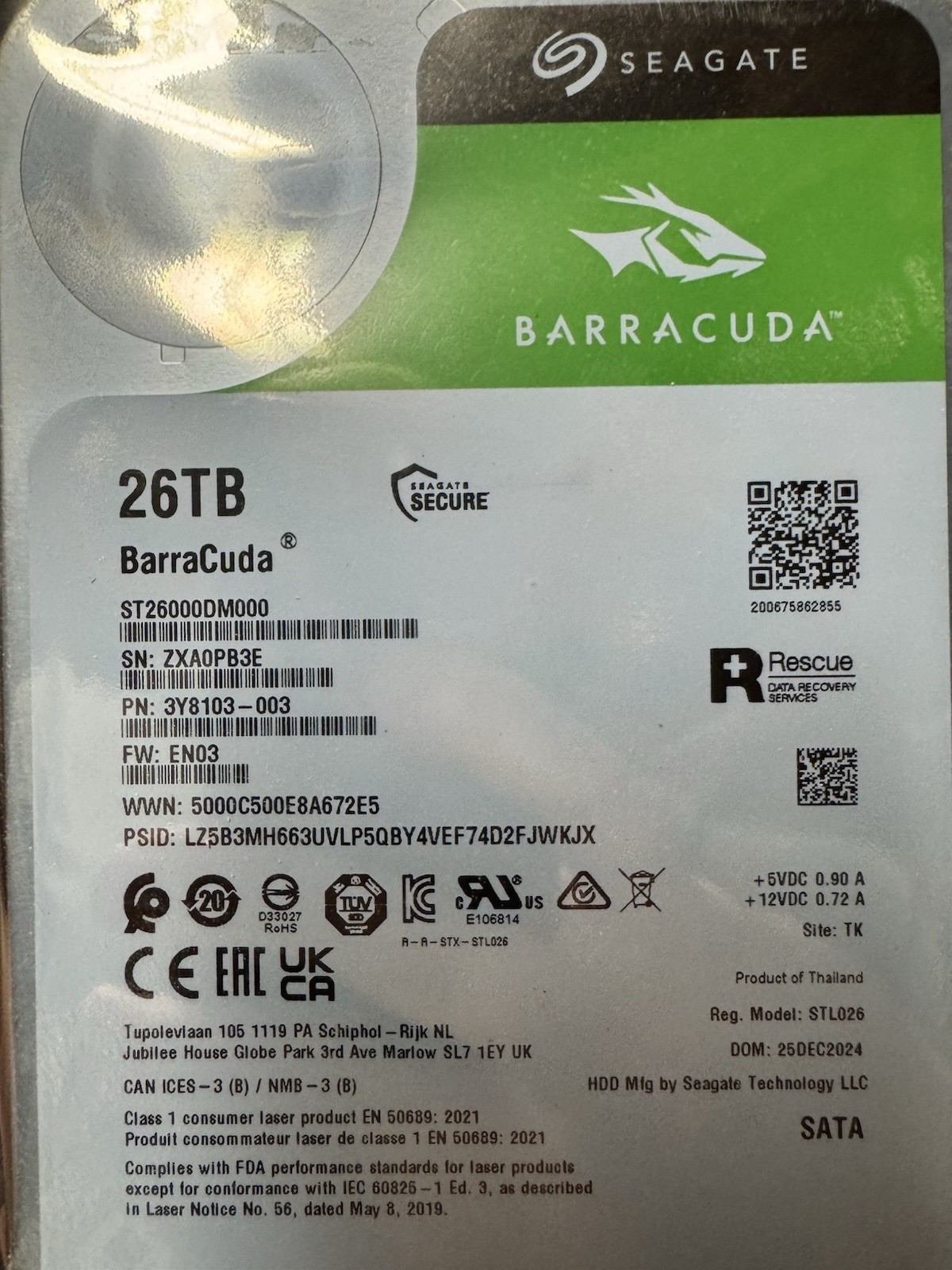 Seagate BarraCuda 26TB 7.2K SATA 6Gb/s 3.5in Internal HDD ST26000DM000