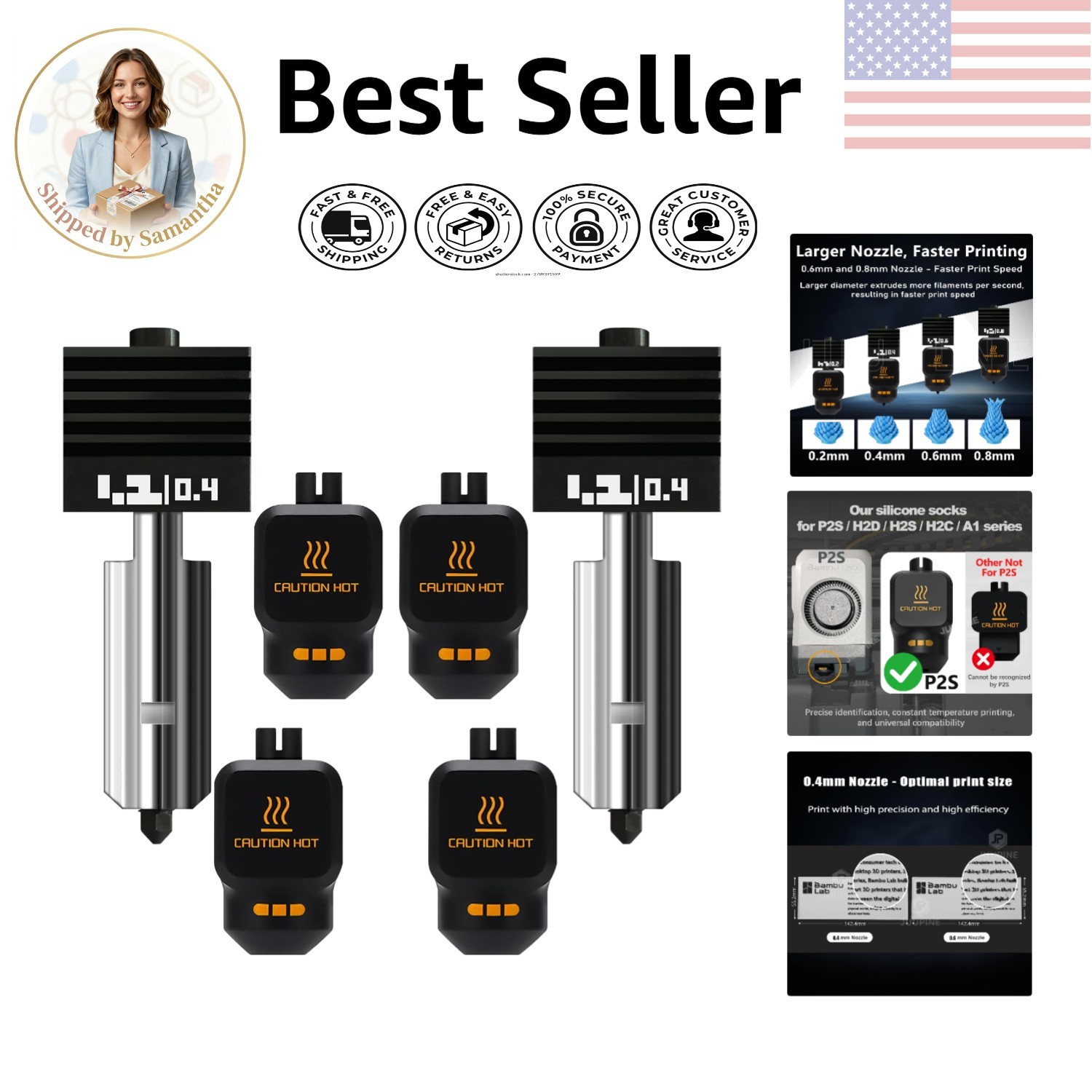 2PK 0.4mm Hardened Steel Nozzles for Bambu Lab P2S - Leak-Proof Precision