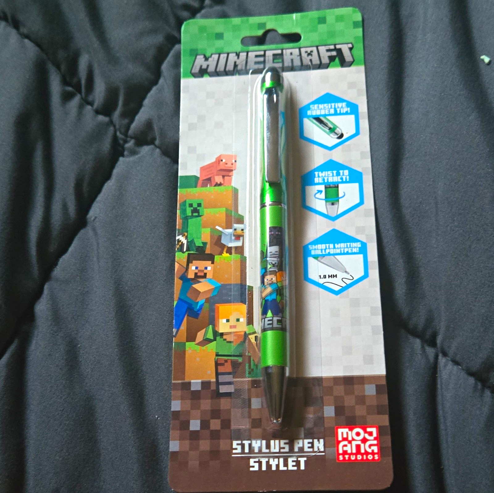 Minecraft Stylus Pen Model 23260, Retractable Rubber Tip, Universal, Green/Black