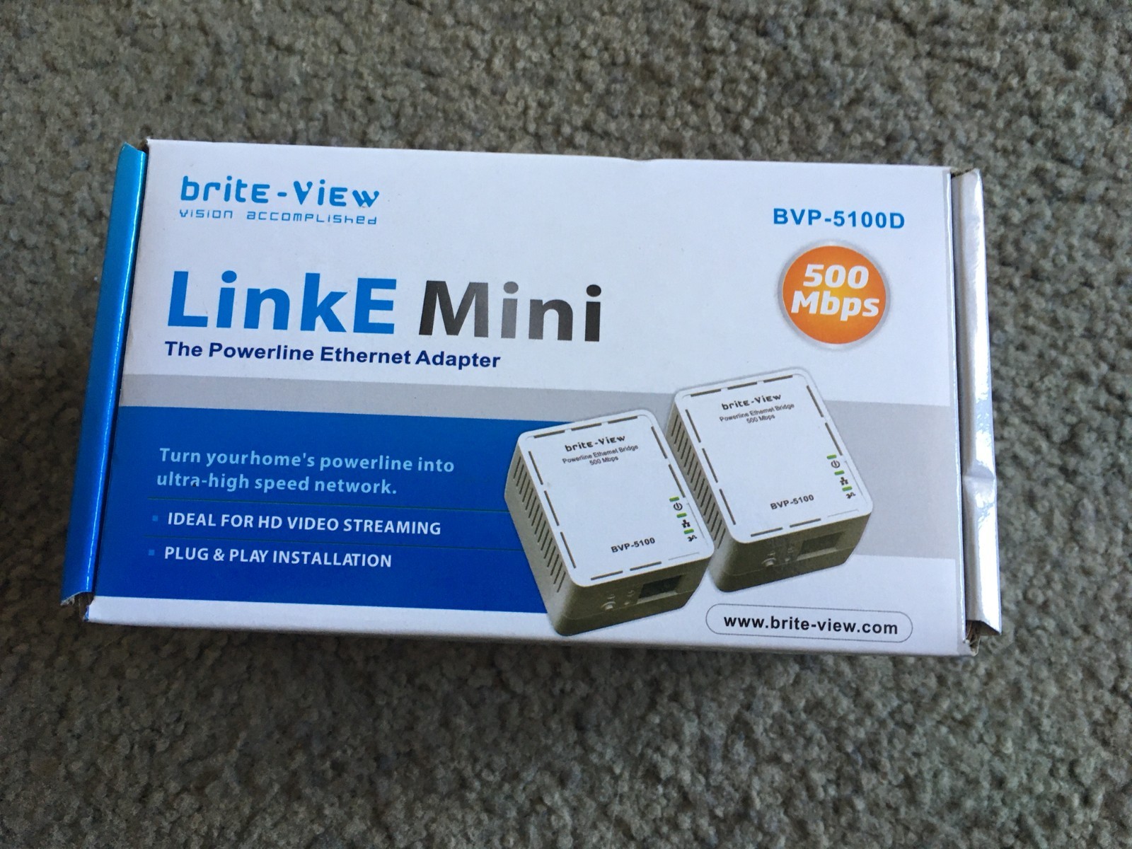 Brite-View LinkE Mini Powerline Ethernet Adapter 500 Mbps, BVP-5100D, NEW