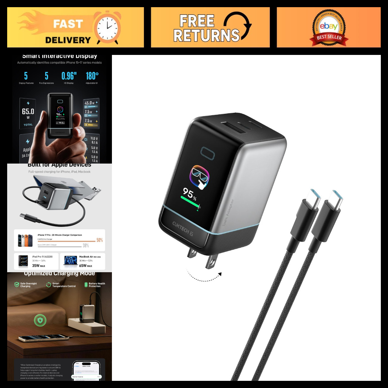 65W USB C Charger for Phone & Laptop, Smart Display GaN Fast Charging Adapter