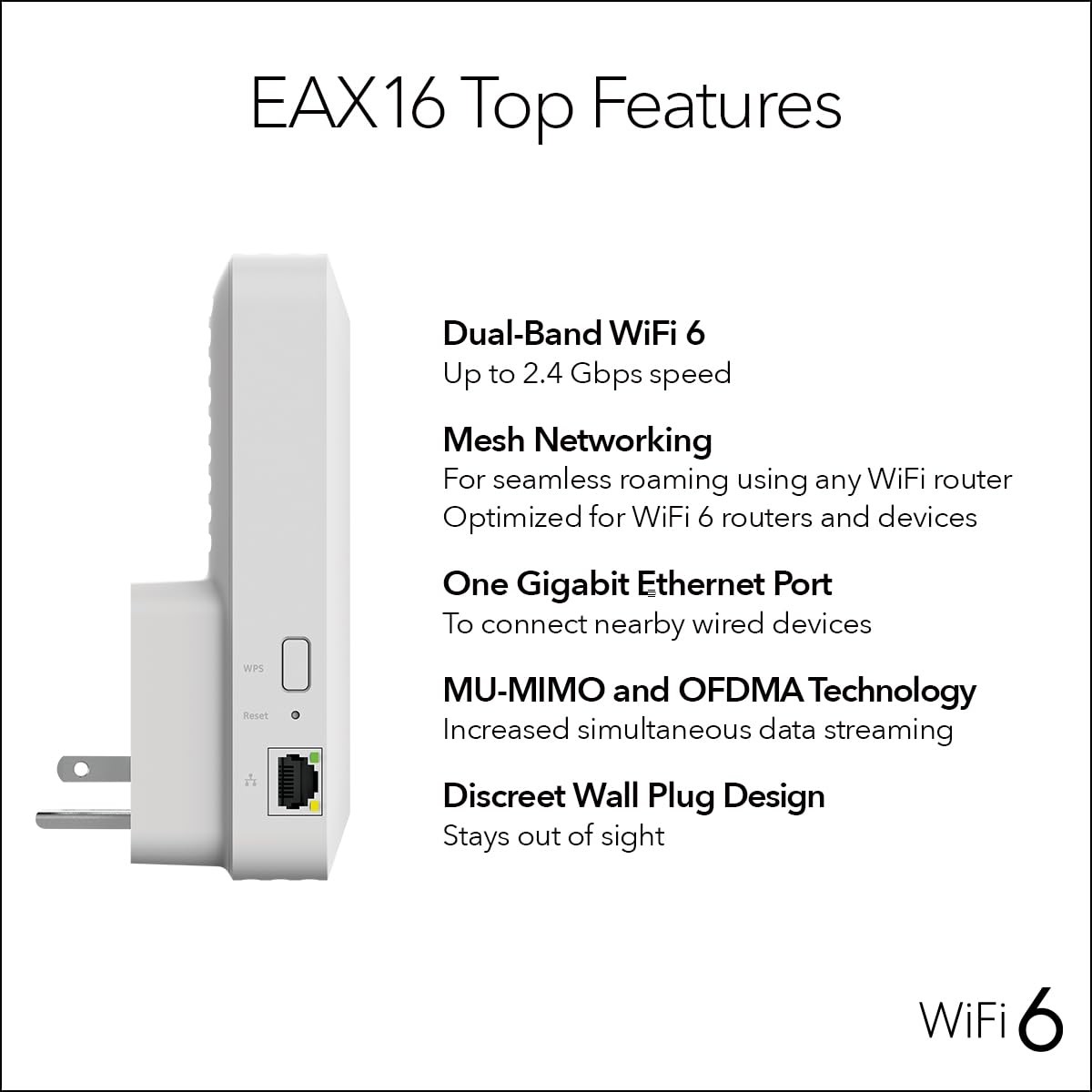 NETGEAR AX2400 WiFi 6 Mesh Range Extender, Dual-Band, Wall-Plug, Gigabit