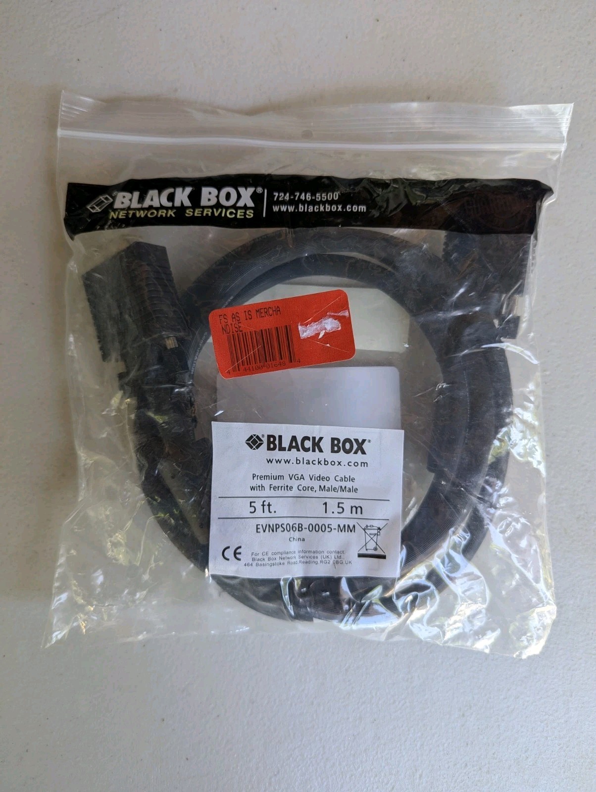Black Box VGA Video Cable With Ferrite Core Black Male/Male 5-Ft. 1.5-M