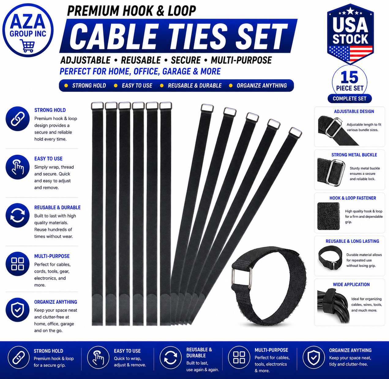 24 Inch Hook and Loop Cable Straps 12 Pack Reusable Nylon Cable Management
