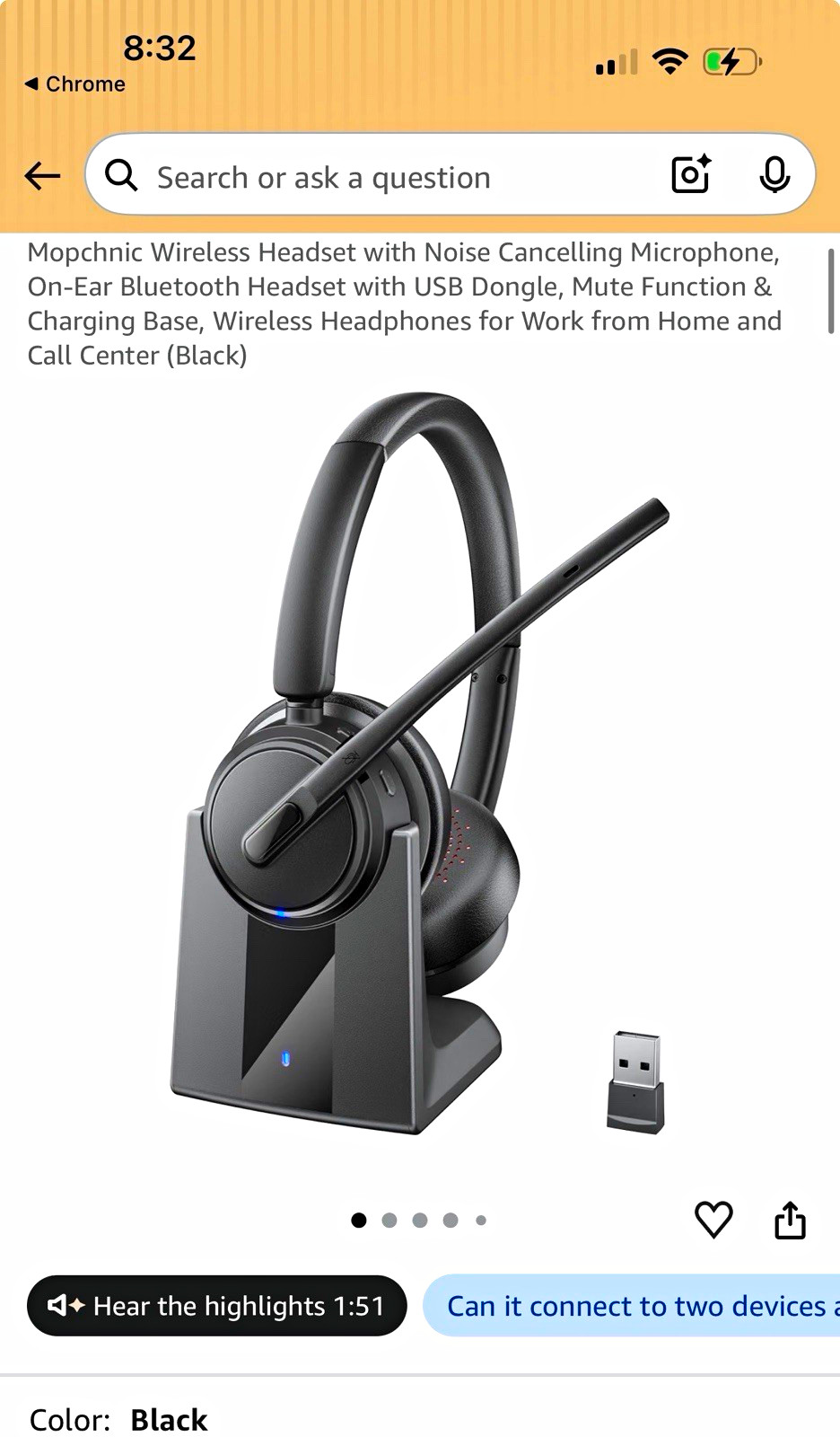 Mopchnic Wireless Bluetooth On-Ear Single Headset NC Boom Mic USB Base Black