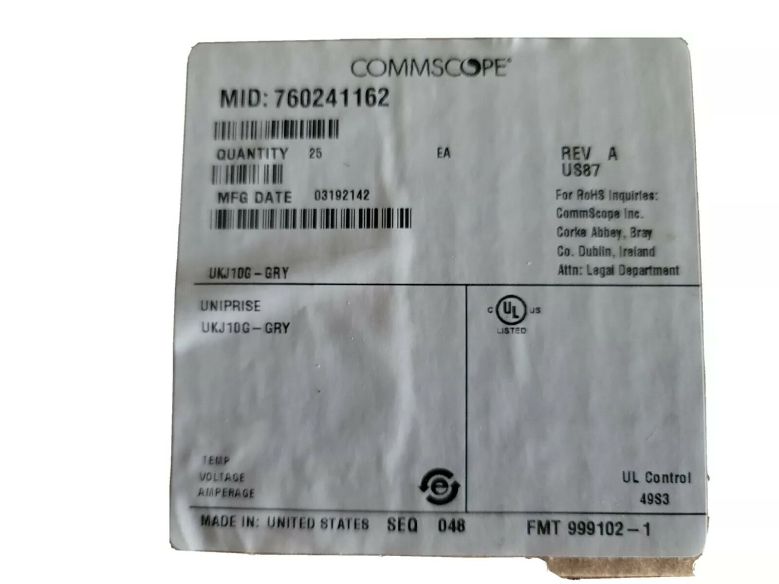 Commscope Uniprise Cat 6A Gray Jack Ethernet 10 GIG UKJ10G-GRY New Box of 25