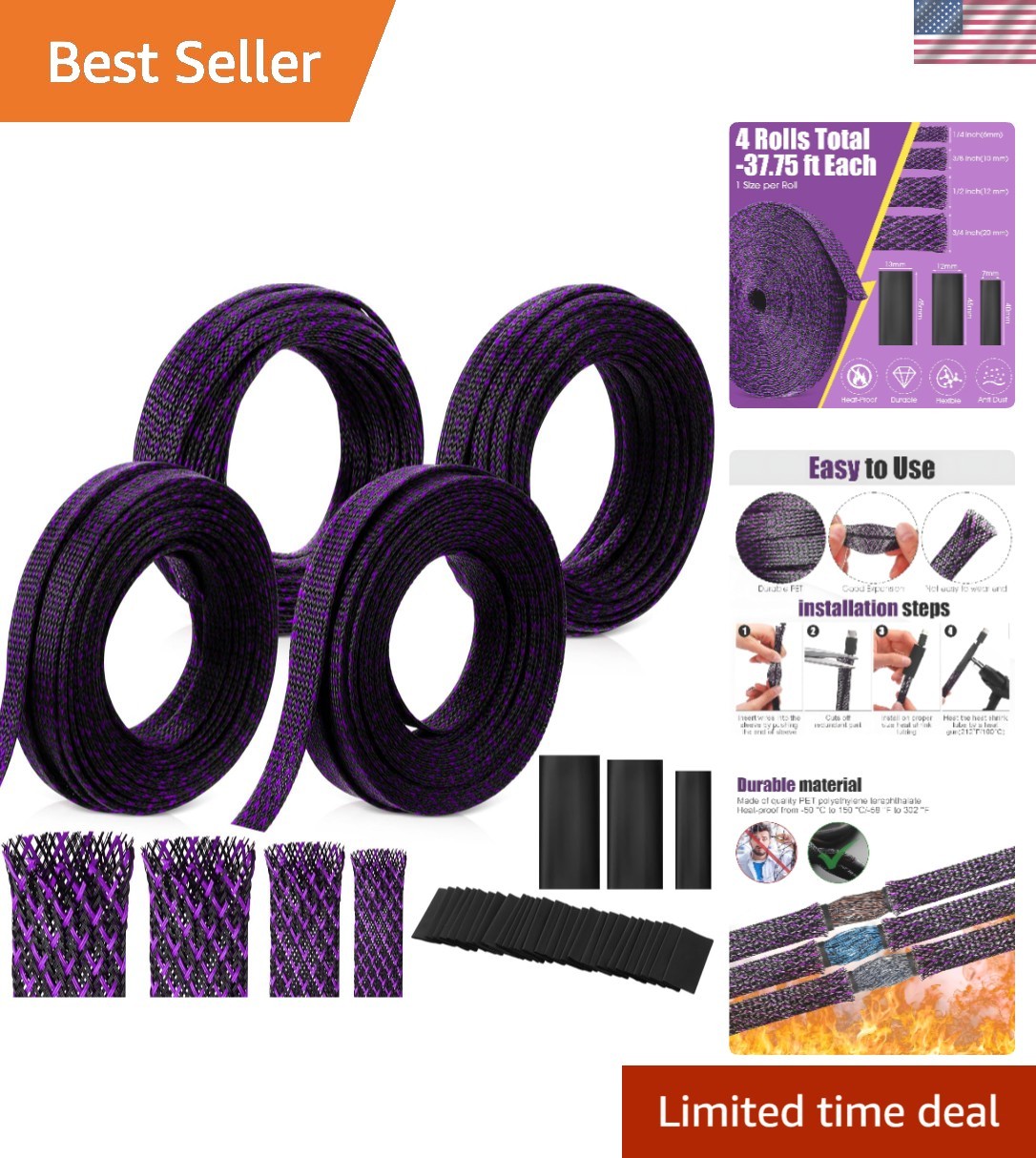 151 ft Braided Cable Sleeve Expandable Wire SheathingPurple